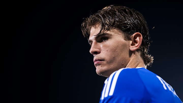 Nico Paz of Como 1907 looks on prior to the Coppa Italia...