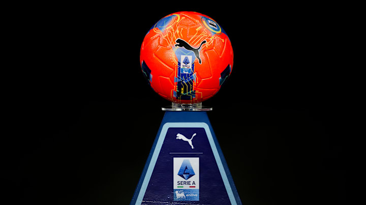 The official Serie A match ball Puma 'Orbita' is seen on a...