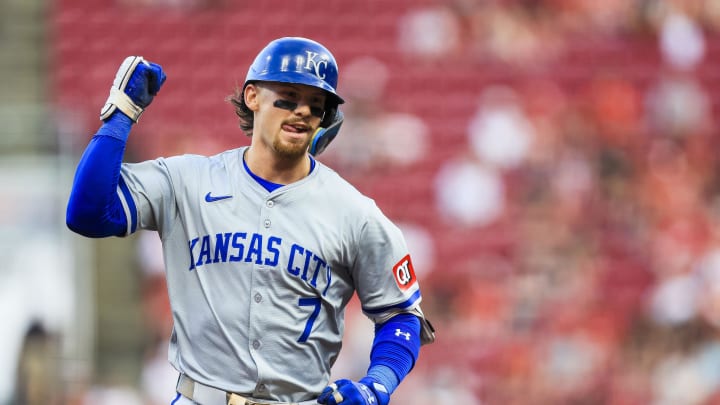 Kansas City Royals shortstop Bobby Witt Jr. (7) runs the bases after hitting a solo home run in the fourth inning against the Cincinnati Reds at Great American Ball Park in August 2024.