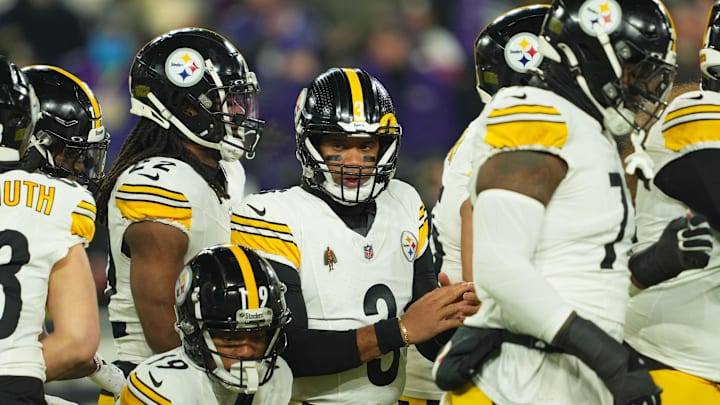 Jan 11, 2025; Baltimore, Maryland, USA; Pittsburgh Steelers quarterback Russell Wilson (3) looks on in the first quarter against the Baltimore Ravens in an AFC wild card game at M&T Bank Stadium. Jan 11, 2025; Baltimore, Maryland, USA; Pittsburgh Steelers quarterback Russell Wilson (3) looks on in the first quarter against the Baltimore Ravens in an AFC wild card game at M&T Bank Stadium.