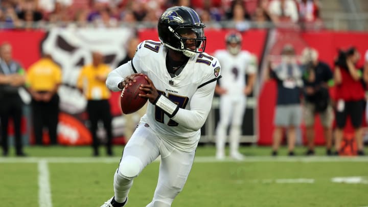 Aug 26, 2023; Tampa, Florida, USA; Baltimore Ravens quarterback Josh Johnson (17) drops back against the Tampa Bay Buccaneers during the first quarter at Raymond James Stadium. Mandatory Credit: Kim Klement Neitzel-USA TODAY Sports