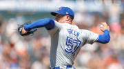 Jul 11, 2024; San Francisco, California, USA; Toronto Blue Jays pitcher Chad Green (57) throws a pitch during the ninth inning against the San Francisco Giants at Oracle Park.