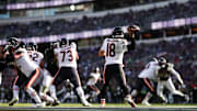 Oct 26, 2025; Baltimore, Maryland, USA;  Chicago Bears quarterback Caleb Williams (18) throws a pass during the fourth quarter against the Baltimore Ravens at M&T Bank Stadium. Mandatory Credit: Geoff Burke-Imagn Images
