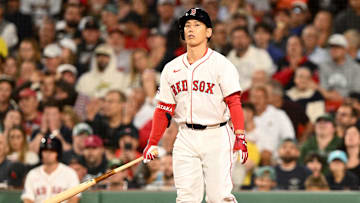 Aug 19, 2025; Boston, Massachusetts, USA; Boston Red Sox left fielder Masataka Yoshida (7) reacts after striking out against the Baltimore Orioles during the eighth inning at Fenway Park. Mandatory Credit: Brian Fluharty-Imagn Images