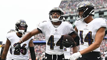 Sep 25, 2022; Foxborough, Massachusetts, USA; Baltimore Ravens cornerback Marlon Humphrey (44) celebrates after intercepting a pass thrown by New England Patriots quarterback Mac Jones (not seen) during the second half at Gillette Stadium. Mandatory Credit: Brian Fluharty-Imagn Images