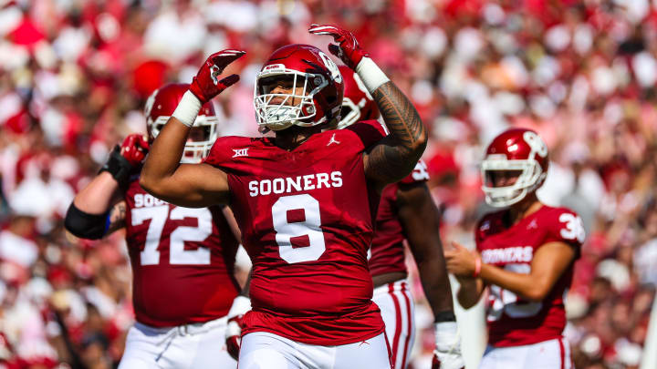 Sep 2, 2023; Norman, Oklahoma, USA; Oklahoma Sooners defensive lineman Jonah Laulu (8) reacts during the first quarter against the Arkansas State Red Wolves at Gaylord Family-Oklahoma Memorial Stadium. Mandatory Credit: Kevin Jairaj-USA TODAY Sports