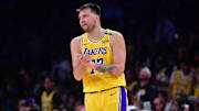  Los Angeles Lakers guard Luka Doncic reacts during the second half in game five of first round for the 2025 NBA Playoffs.