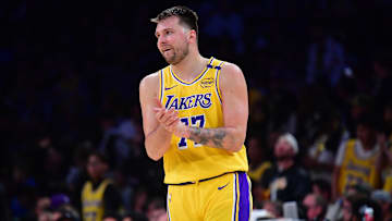  Los Angeles Lakers guard Luka Doncic reacts during the second half in game five of first round for the 2025 NBA Playoffs.