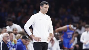 Nov 4, 2024; Oklahoma City, Oklahoma, USA; Oklahoma City Thunder head coach Mark Daigneault watches his team play against the Orlando Magic during the second quarter at Paycom Center. Mandatory Credit: Alonzo Adams-Imagn Images