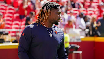 Sep 24, 2023; Kansas City, Missouri, USA; Chicago Bears defensive tackle Zacch Pickens (96) warms up against the Kansas City Chiefs prior to a game at GEHA Field at Arrowhead Stadium. Mandatory Credit: Denny Medley-Imagn Images