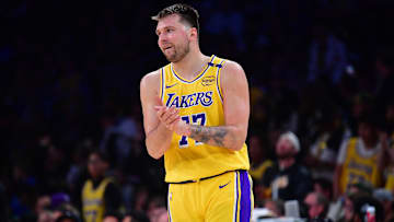 Apr 30, 2025; Los Angeles, California, USA; Los Angeles Lakers guard Luka Doncic (77) reacts during the second half in game five of first round for the 2025 NBA Playoffs at Crypto.com Arena. Mandatory Credit: Gary A. Vasquez-Imagn Images