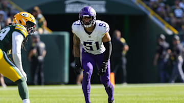 Sep 29, 2024; Green Bay, Wisconsin, USA;  Minnesota Vikings linebacker Blake Cashman (51) during the game against the Minnesota Vikings at Lambeau Field. Mandatory Credit: Jeff Hanisch-Imagn Images
