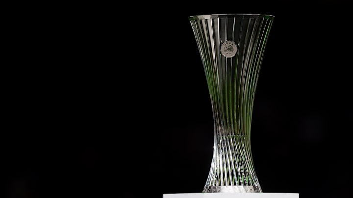 The trophy of the UEFA Conference League is seen on a plinth... The trophy of the UEFA Conference League is seen on a plinth...