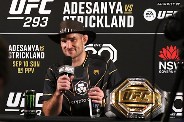 Sean Strickland speaks at a press conference after defeating Israel Adesanya during UFC 293 at Qudos Bank Arena. 