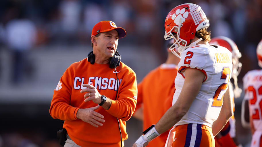 Clemson Tigers head coach Dabo Swinney with quarterback Cade Klubnik