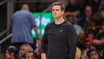 Apr 6, 2025; Atlanta, Georgia, USA; Utah Jazz head coach Will Hardy on the sideline against the Atlanta Hawks in the second quarter at State Farm Arena. Mandatory Credit: Brett Davis-Imagn Images
