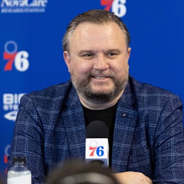 Feb 15, 2022; Camden, NJ, USA; Philadelphia 76ers president of basketball operations Daryl Morey speaks with the media at Philadelphia 76ers Training Complex. Mandatory Credit: Bill Streicher-Imagn Images