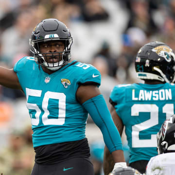 Nov 28, 2021; Jacksonville, Florida, USA; Jacksonville Jaguars linebacker Shaquille Quarterman (50) gestures during the second half against the Atlanta Falcons at TIAA Bank Field. Mandatory Credit: Matt Pendleton-USA TODAY Sports