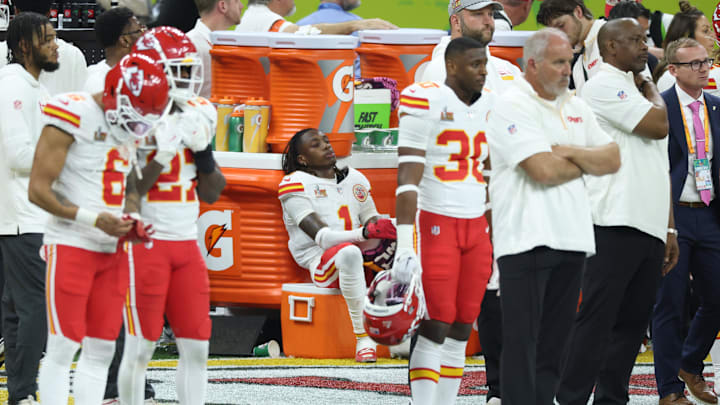Feb 9, 2025; New Orleans, LA, USA; Kansas City Chiefs players including Kansas City Chiefs wide receiver Xavier Worthy (1) react from the sideline in the fourth quarter against the Philadelphia Eagles in Super Bowl LIX at Ceasars Superdome. Mandatory Credit: Stephen Lew-Imagn Images