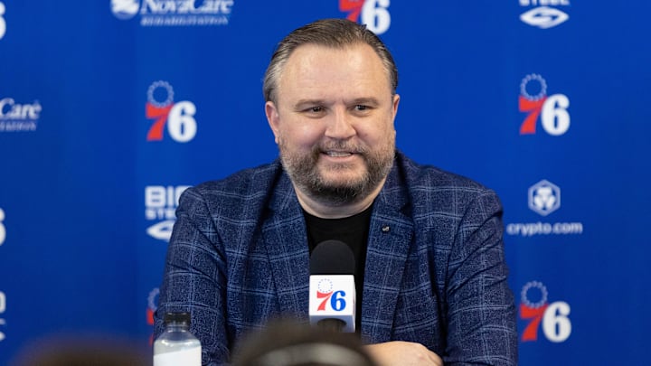 Feb 15, 2022; Camden, NJ, USA; Philadelphia 76ers president of basketball operations Daryl Morey speaks with the media at Philadelphia 76ers Training Complex. Mandatory Credit: Bill Streicher-Imagn Images