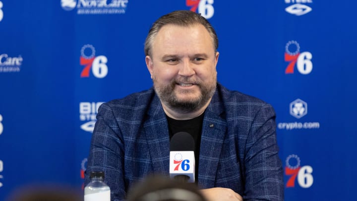 Feb 15, 2022; Camden, NJ, USA; Philadelphia 76ers president of basketball operations Daryl Morey speaks with the media at Philadelphia 76ers Training Complex. Mandatory Credit: Bill Streicher-USA TODAY Sports