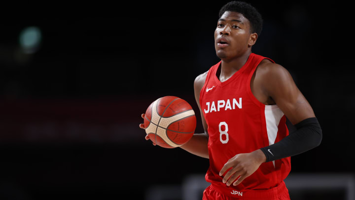 Jul 29, 2021; Saitama, Japan; Japan player Rui Hachimura (8) dribbles as Japan plays Slovenia during the Tokyo 2020 Olympic Summer Games at Saitama Super Arena. Mandatory Credit: Yukihito Taguchi-USA TODAY Sports