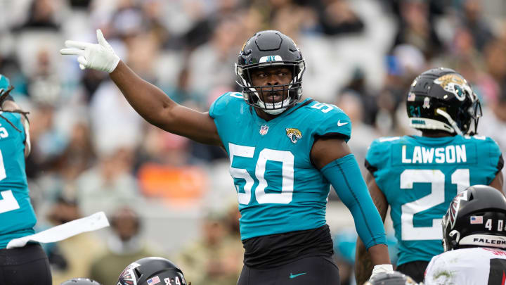 Nov 28, 2021; Jacksonville, Florida, USA; Jacksonville Jaguars linebacker Shaquille Quarterman (50) gestures during the second half against the Atlanta Falcons at TIAA Bank Field. Mandatory Credit: Matt Pendleton-USA TODAY Sports