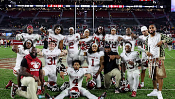 Nov 15, 2025; Tuscaloosa, Alabama, USA;  The Oklahoma Sooners pose for a picture after defeating the Alabama Crimson Tide at Saban Field at Bryant-Denny Stadium. Mandatory Credit: David Leong-Imagn Images