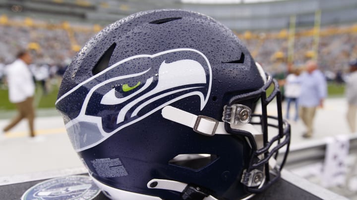 Aug 26, 2023; Green Bay, Wisconsin, USA;  A Seattle Seahawks helmet sits on the sidelines during warmups prior to the game against the Green Bay Packers at Lambeau Field. Mandatory Credit: Jeff Hanisch-USA TODAY Sports