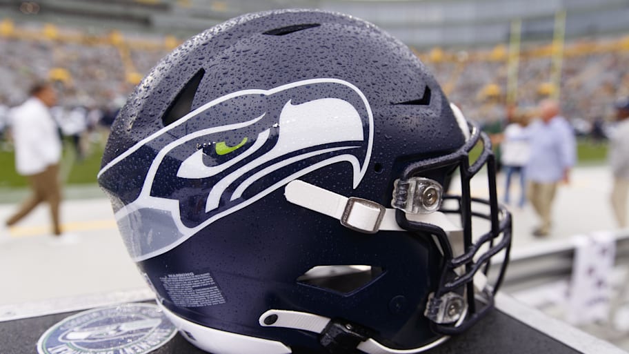 Aug 26, 2023; Green Bay, Wisconsin, USA;  A Seattle Seahawks helmet sits on the sidelines during warmups prior to the game against the Green Bay Packers at Lambeau Field. Mandatory Credit: Jeff Hanisch-Imagn Images | Jeff Hanisch-Imagn Images