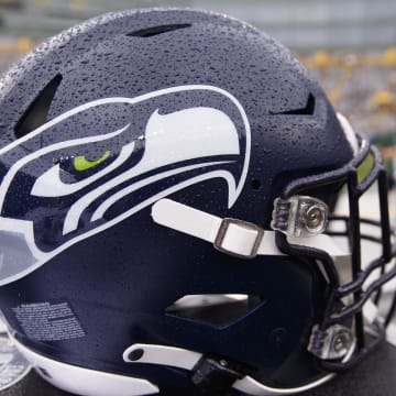 Aug 26, 2023; Green Bay, Wisconsin, USA;  A Seattle Seahawks helmet sits on the sidelines during warmups prior to the game against the Green Bay Packers at Lambeau Field. Mandatory Credit: Jeff Hanisch-USA TODAY Sports