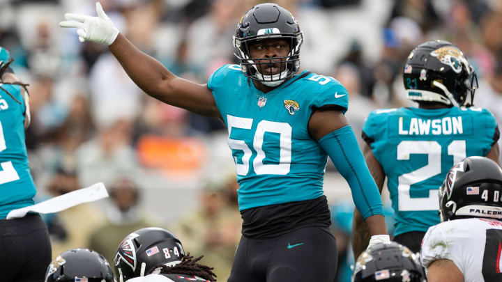 Nov 28, 2021; Jacksonville, Florida, USA; Jacksonville Jaguars linebacker Shaquille Quarterman (50) gestures during the second half against the Atlanta Falcons at TIAA Bank Field. Mandatory Credit: Matt Pendleton-USA TODAY Sports