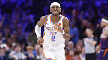 Feb 5, 2025; Oklahoma City, Oklahoma, USA; Oklahoma City Thunder guard Shai Gilgeous-Alexander (2) smiles after scoring against the Phoenix Suns during the second half of a game at Paycom Center. Mandatory Credit: Alonzo Adams-Imagn Images