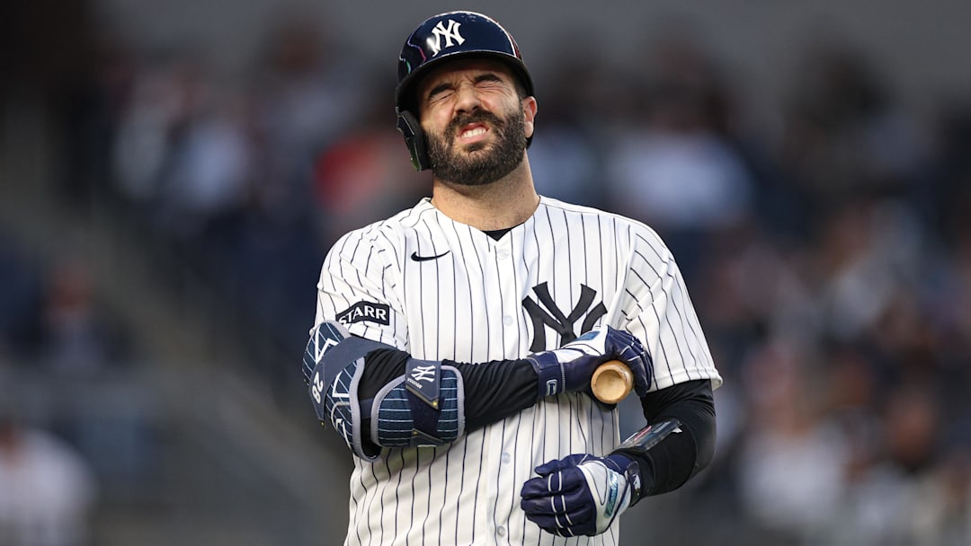 New York Yankees catcher Austin Wells (28) reacts during an at bat during the second inning against the Baltimore Orioles at Yankee Stadium.