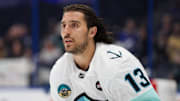 Feb 23, 2025; Tampa, Florida, USA; Seattle Kraken left wing Brandon Tanev (13) warms up before a game against the Tampa Bay Lightning at Amalie Arena. Mandatory Credit: Nathan Ray Seebeck-Imagn Images