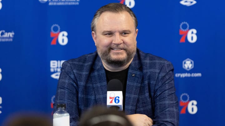 Feb 15, 2022; Camden, NJ, USA; Philadelphia 76ers president of basketball operations Daryl Morey speaks with the media at Philadelphia 76ers Training Complex. Mandatory Credit: Bill Streicher-USA TODAY Sports