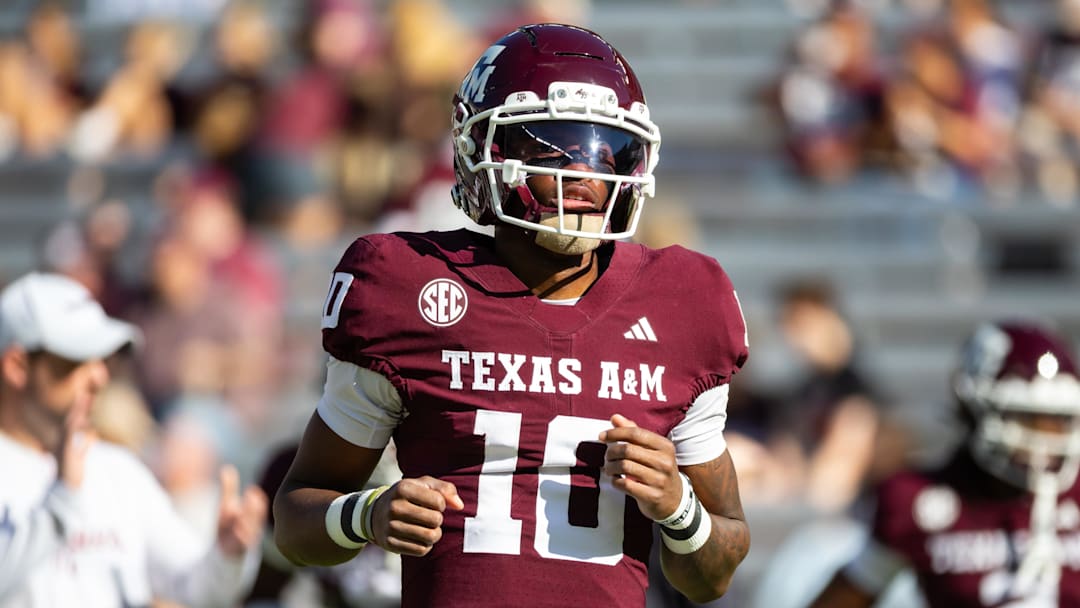 Nov 22, 2025; College Station, Texas, USA; Texas A&M Aggies quarterback Marcel Reed (10) before a game against the Samford Bulldogs at Kyle Field. Mandatory Credit: Joseph Buvid-Imagn Images