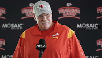 Kansas City Chiefs head coach Andy Reid speaks to the media after training camp at Missouri Western University. 