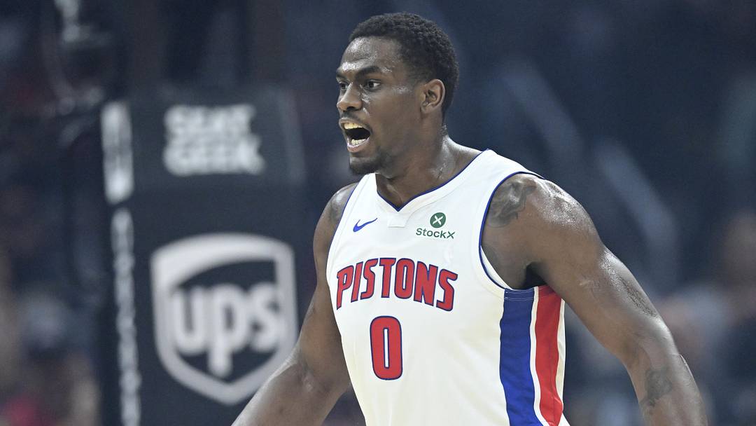 Mar 3, 2026; Cleveland, Ohio, USA; Detroit Pistons center Jalen Duren (0) reacts in the first quarter against the Cleveland Cavaliers at Rocket Arena. Mandatory Credit: David Richard-Imagn Images