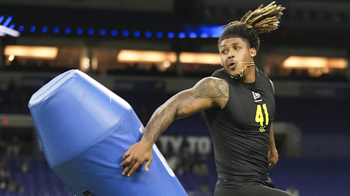 Feb 26, 2026; Indianapolis, IN, USA; Texas A&M defensive lineman Cashius Howell (DL41) during the NFL Scouting Combine  at Lucas Oil Stadium. Mandatory Credit: Kirby Lee-Imagn Images