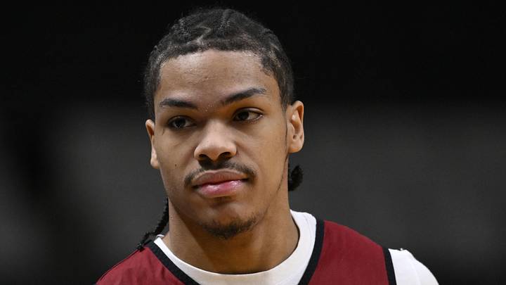 Arkansas Razorbacks guard Darius Acuff Jr. (5) looks on during a practice session ahead of the west regional of the men's 2026 NCAA Tournament at SAP Center on March 25, 2026.