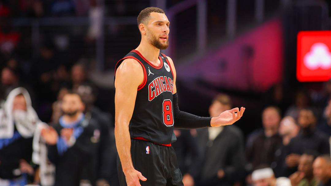 Dec 26, 2024; Atlanta, Georgia, USA; Chicago Bulls guard Zach LaVine (8) reacts to a call against the Atlanta Hawks in the fourth quarter at State Farm Arena. 