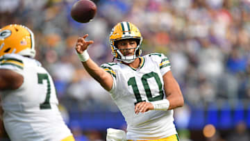 Oct 6, 2024; Inglewood, California, USA; Green Bay Packers quarterback Jordan Love (10) throws against the Los Angeles Rams during the second half at SoFi Stadium. Mandatory Credit: Gary A. Vasquez-Imagn Images