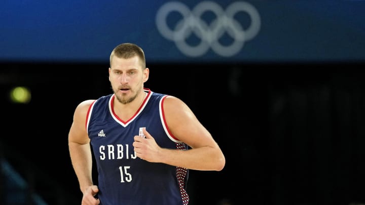 Aug 10, 2024; Paris, France; Serbia power forward Nikola Jokic (15) runs up the court against Germany in the men's basketball bronze medal game during the Paris 2024 Olympic Summer Games at Accor Arena. 