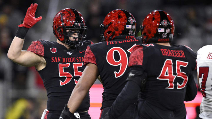 Nov 25, 2023; San Diego, California, USA; San Diego State Aztecs linebacker Cooper McDonald (55) congratulates defensive lineman Keion Mitchell (91) after a sack against the Fresno State Bulldogs during the first half at Snapdragon Stadium. Mandatory Credit: Orlando Ramirez-USA TODAY Sports