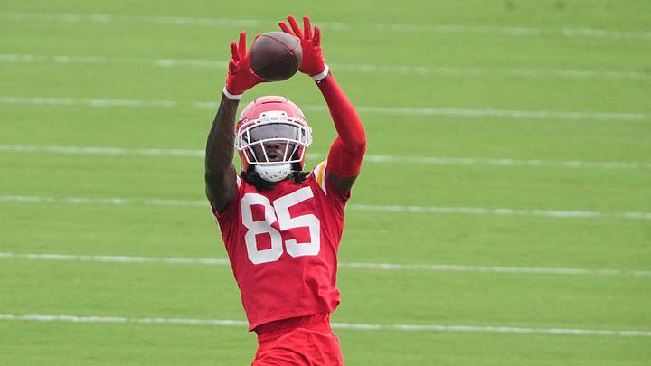 Kansas City Chiefs wide receiver Andrew Armstrong (85) catches a pass during training camp at Missouri Western State University. Mandatory Credit: Denny Medley-Imagn Images