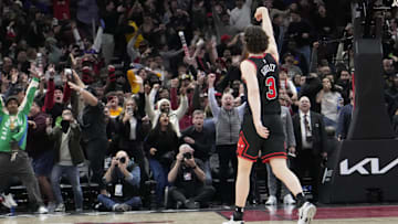 Mar 27, 2025; Chicago, Illinois, USA; Chicago Bulls guard Josh Giddey (3) reacts after making the game-winning three-point basket