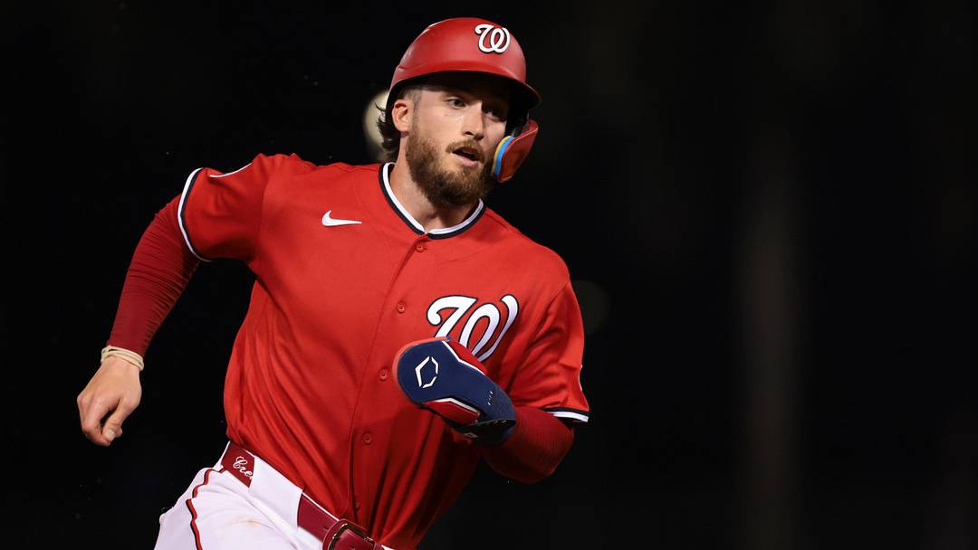 Mar 13, 2026; West Palm Beach, Florida, USA; Washington Nationals center fielder Dylan Crews (3) rounds past third base against the New York Mets during the fifth inning at CACTI Park of the Palm Beaches. Mandatory Credit: Sam Navarro-Imagn Images