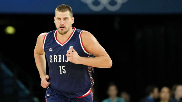 erbia power forward Nikola Jokic (15) runs up the court against Germany in the men's basketball bronze medal game during the Paris 2024 Olympic Summer Games at Accor Arena. Mandatory Credit: