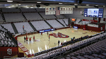 Feb 23, 2022; Queens, New York, USA;  T shirts and rally towels are placed on the seats as part of a    White Out    game prior to the game between the Creighton Blue Jays and the St. John basketball game at Carnesecca Arena. 